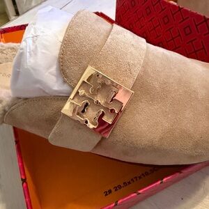 Tory Burch Tan Suede Mules with Gold Accent